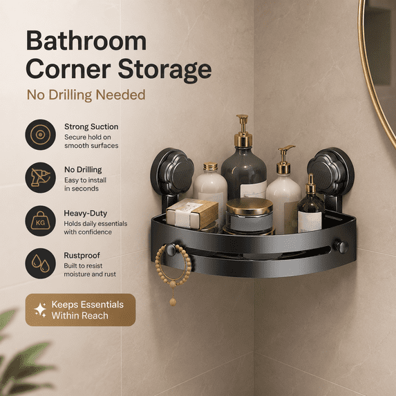 Bathroom Suction Cup Corner Shower Shelf - No-Drill Wall Mounted Storage Basket for Shampoo & Toiletries, Triangular Bath Rack with Strong Suction, Space-Saving Bathroom Organizer, 9*9in, Gray
