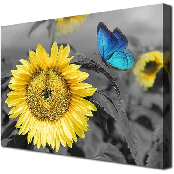 Bathroom Sunflower Canvas Wall Art Blue Butterfly Picture Spring Florals Painting Yellow Gray Print Artwork Framed for Bedroom Kitchen Dinning Room Living Room Office Home Decor 16"x12"
