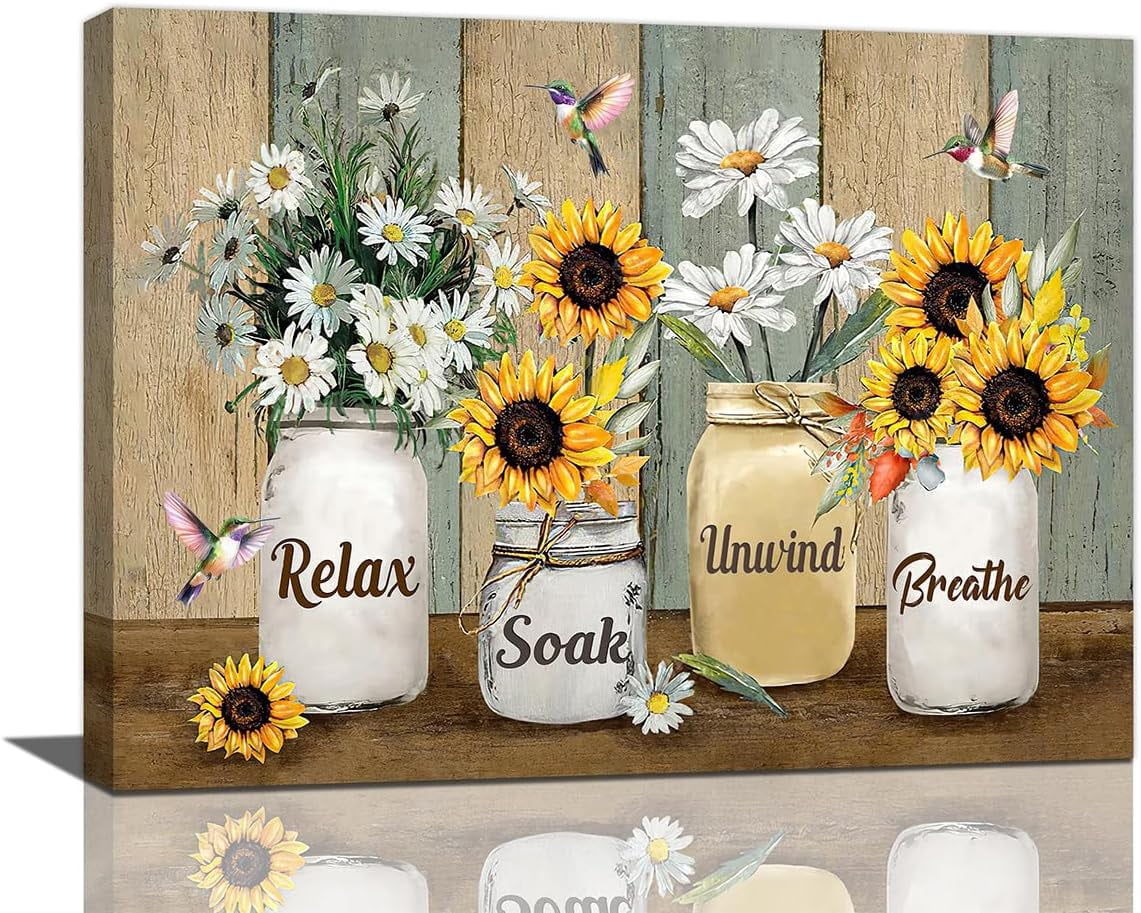 Bathroom Sunflower Daisy Wall Art Farmhouse Yellow Floral Relax Soak ...