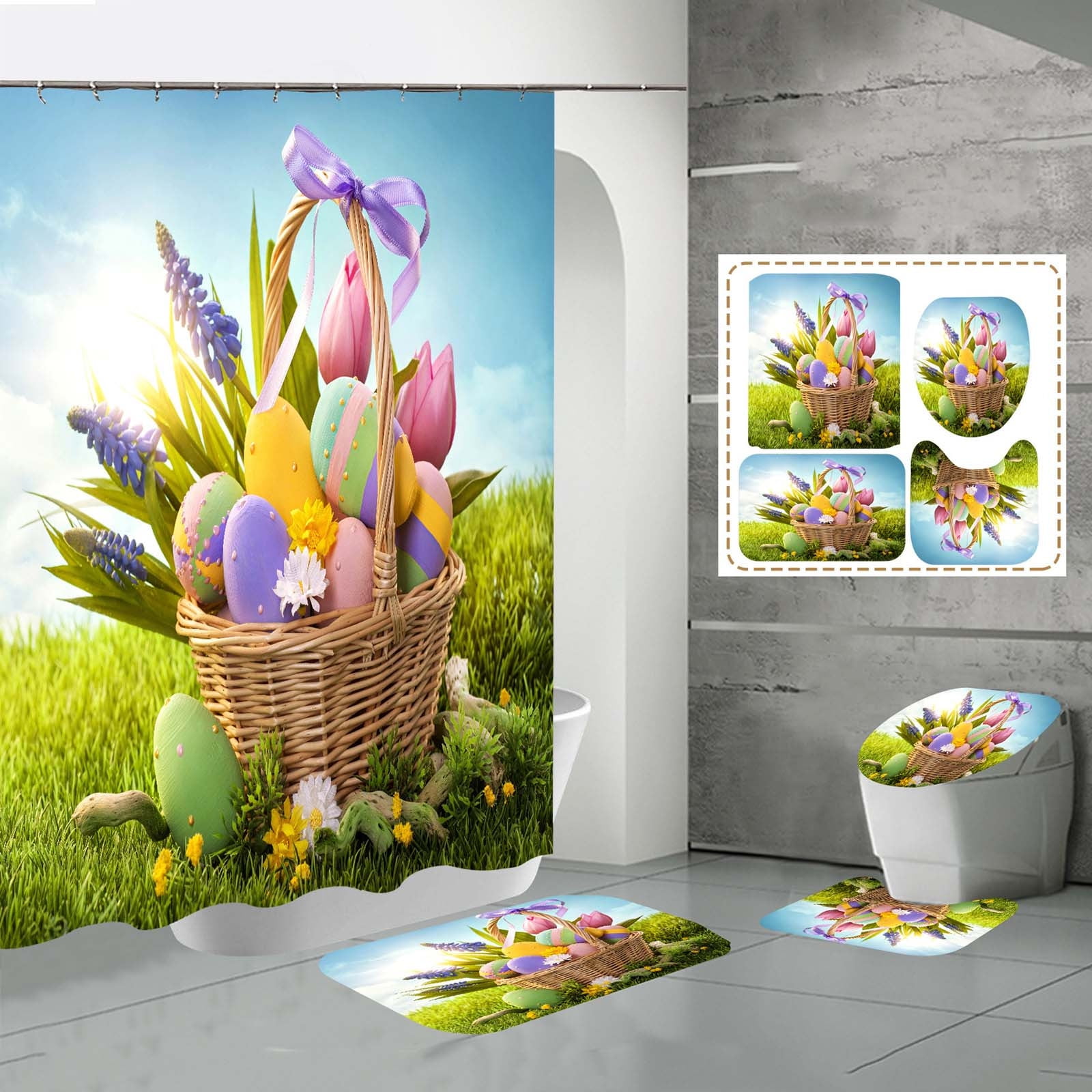 Bathroom Supplies Easter Digital Print And Polyester Bathroom 4 Piece