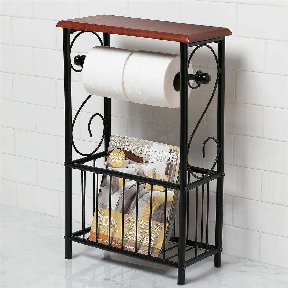 White Metal Bathroom Table Stand Storage Shelf with Dual Toilet Paper Holder