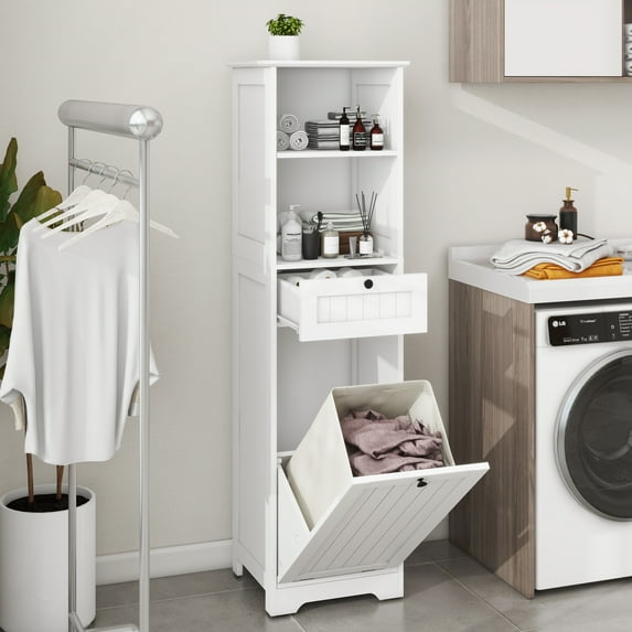 Bathroom Tall Cabinet Hidden Laundry Hamper Cabinet, Large Laundry Room Storage Cabinets With Tilt-Out Laundry Basket, Top Shelves And Drawer