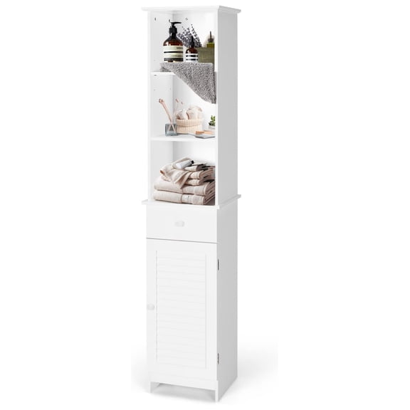 Bathroom Tall Cabinet, Modern Storage Cabinet with 2 Adjustable Shelves, Bathroom Linen Tower with 3 Open Shelves and 1 Drawer, 13.5 x 12 x 64.5, White
