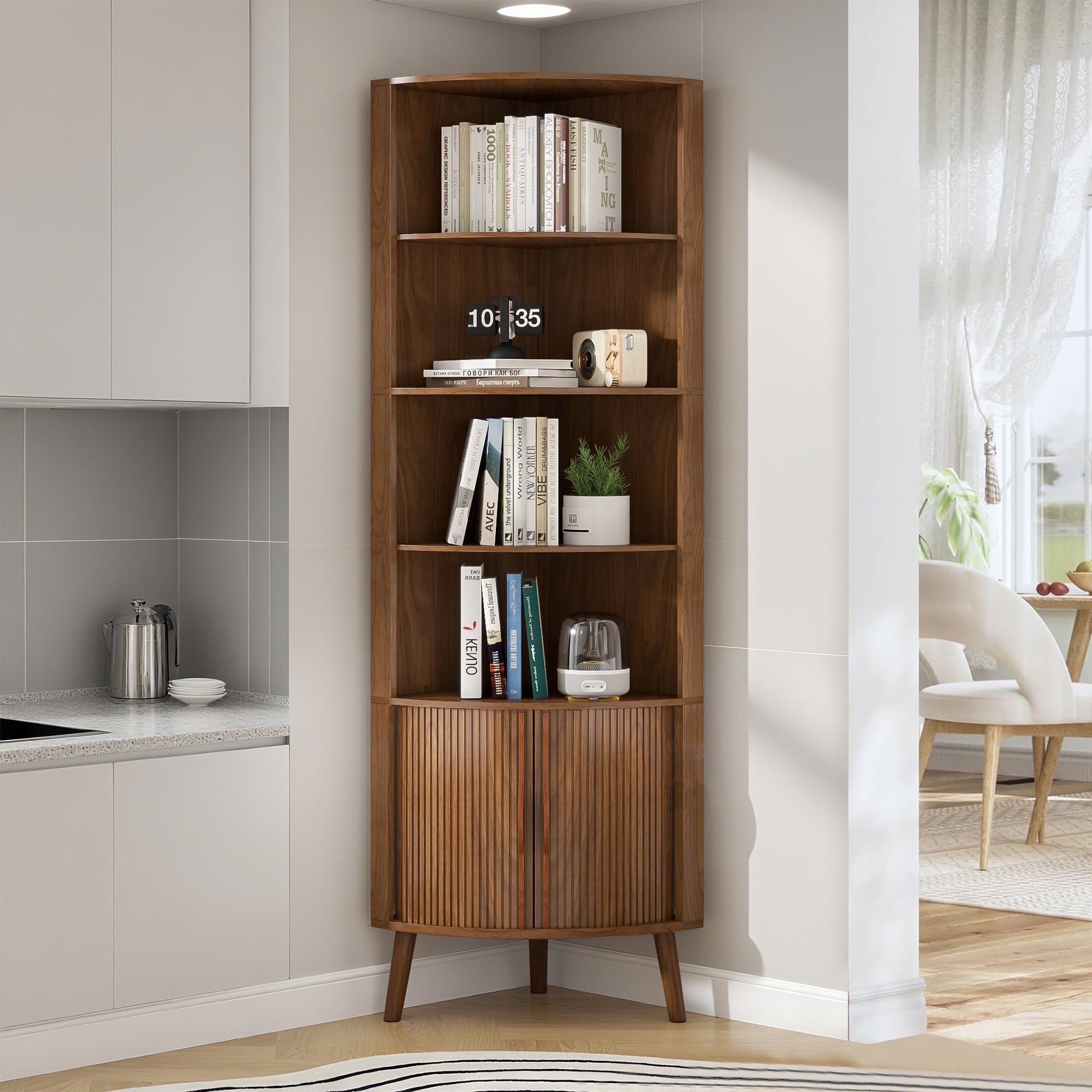 Bathroom Tall Corner Cabinet with Doors, Freestanding Corner Storage Cabinet for Kitchen, Living Room, Walnut