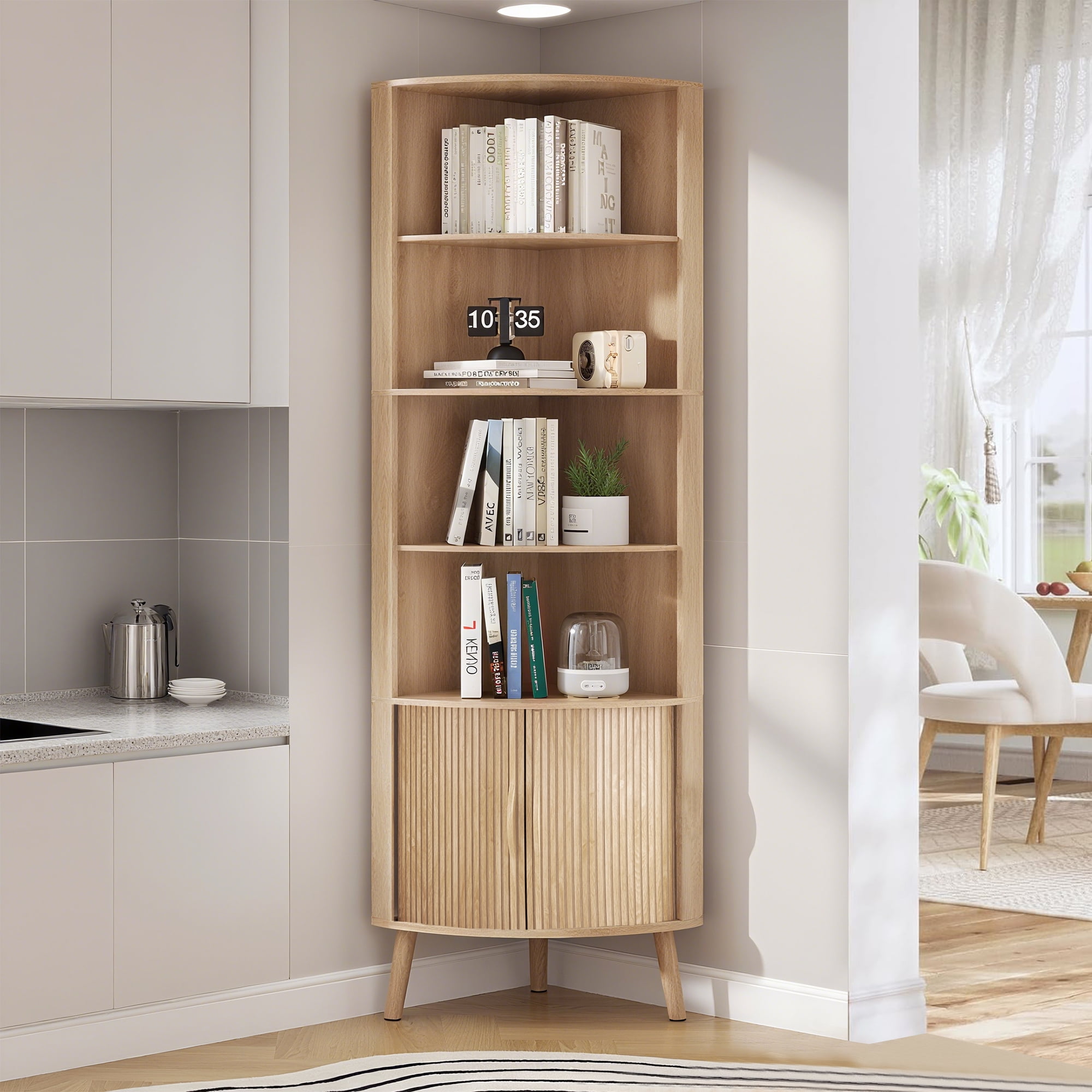 Bathroom Tall Corner Cabinet with Doors, Freestanding Corner Storage Cabinet for Kitchen, Living Room, Walnut