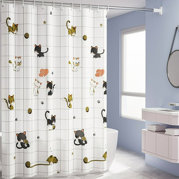 Bathroom Thickened PEVA Shower Curtain Waterproof Shower Curtain Rod Set Punch-Free Bathroom Partition Curtain White Color High Density Polyester Fabric with Hooks for Hotel Home