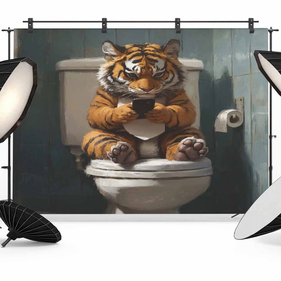 Bathroom Tiger Backdrop for Photoshoot, Photography Photo Studio Background Wall Backdrop, Toilet Animals Vintage Back Drop Banner Panel for Portraits Wedding Party Live Streaming Decor 7x5Ft