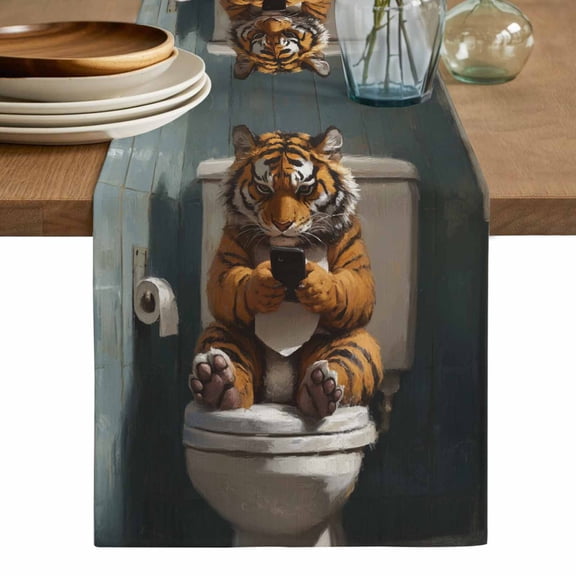 Bathroom Tiger Cotton Linen Table Runner for Dining Kitchen, Toilet Animals Vintage Wedding Outdoor Party Tablerunners Decoration, Dresser Scarf Coffee Tablecloth Runners 13x36 Inches