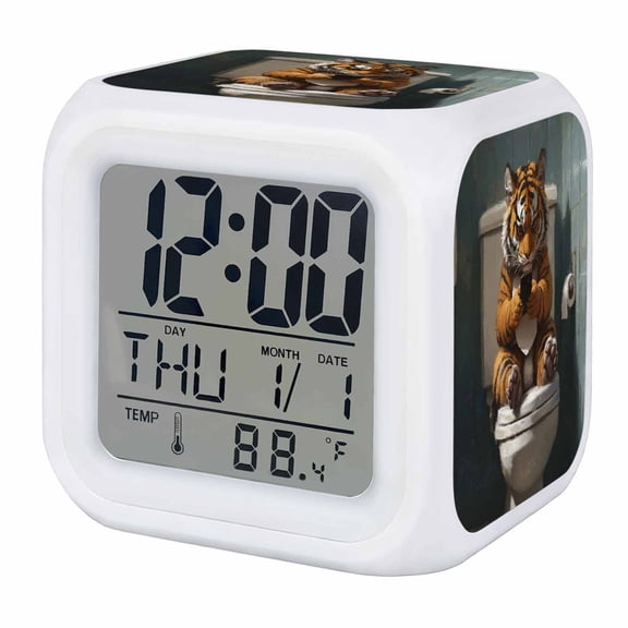 Bathroom Tiger Digital Alarm Clock for Bedrooms, Smart LED Alarm Clock with 7 Color Changing Night Light, Toilet Animals Vintage Silent Wake Up Clocks for Sleep Study Cooking 3.2"x3.2"