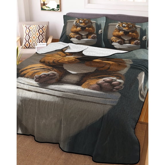 Bathroom Tiger Full Size Down Alternative Comforter, Lightweight Comforter Quilt Bedding Set with Pillow Shams Toilet Animals Vintage All Seasons Bed Comforter Duvet Insert 78"x90"