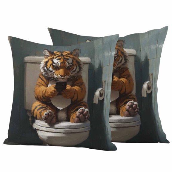 Bathroom Tiger Outdoor Pillow Covers 24"x24" Set of 2, Waterproof Throw Pillow Covers for Patio Furniture, Toilet Animals Vintage Decorative Cushion Pillowcases for Garden Porch Couch Sofa