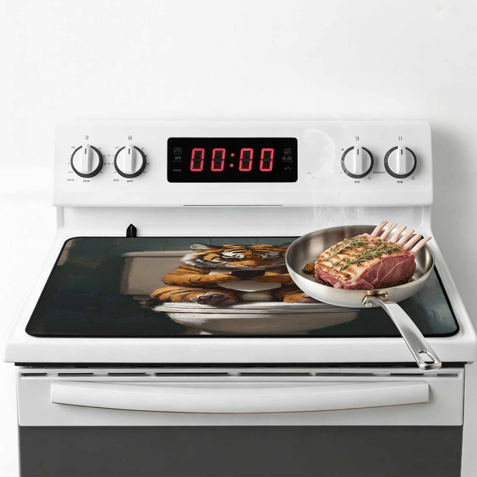 Bathroom Tiger Stove Top Cover for Electric Stove, Heat-proof & Non Slip Glass Top Stove Cover Protector, Toilet Animals Vintage Kitchen Flat Cooktop Rubber Mat 24x21 Inches