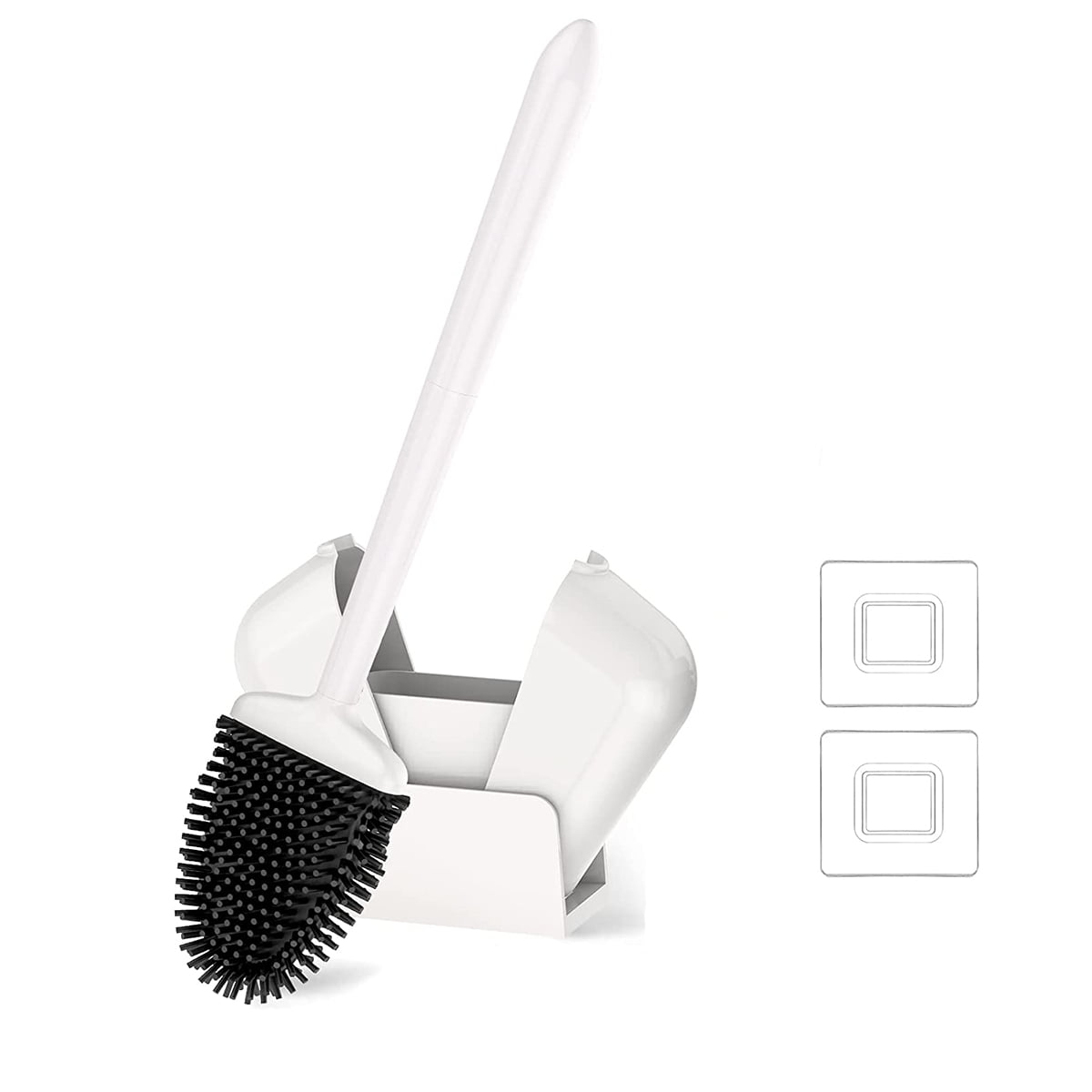 Bathroom Toilet Brush and Holder Set, Toilet Bowl Cleaner Bendable Tongue-Shaped Silicone Brush Head Anti Splash Bristles, Self Closing Quick Drying Holder in White