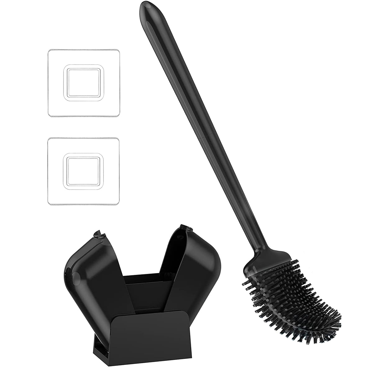 Bathroom Toilet Brush and Holder Set, Toilet Bowl Cleaner Bendable Tongue-shaped Silicone Brush Head Anti Splash Bristles, Self Closing Quick Drying Holder in Black