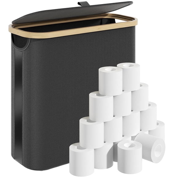 Bathroom Toilet Paper Storage Basket with Lid and Handle， Bamboo Collapsible Toilet Paper Holder Storage with Non-Slip Bottom ,Extra Toilet Roll Storage, Black