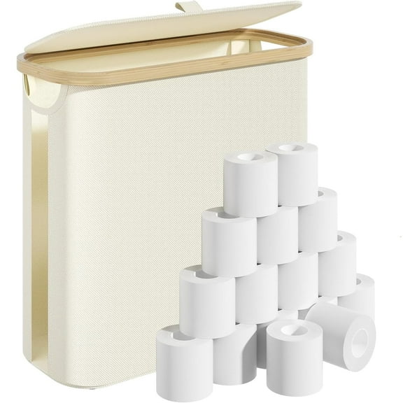 Bathroom Toilet Paper Storage Basket with Lid and Handle， Bamboo Collapsible Toilet Paper Holder Storage with Non-Slip Bottom ,Extra Toilet Roll Storage