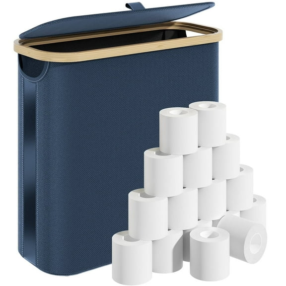 Bathroom Toilet Paper Storage Basket with Lid and Handle， Bamboo Collapsible Toilet Paper Holder Storage with Non-Slip Bottom ,Extra Toilet Roll Storage