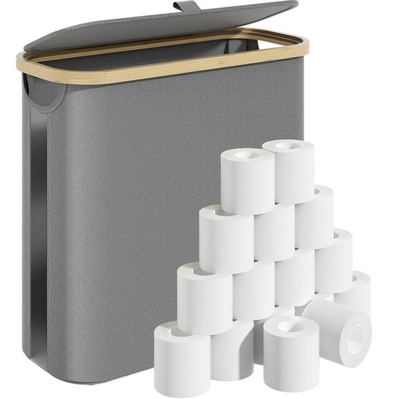 Bathroom Toilet Paper Storage Basket with Lid and Handle， Bamboo Collapsible Toilet Paper Holder Storage with Non-Slip Bottom ,Extra Toilet Roll Storage
