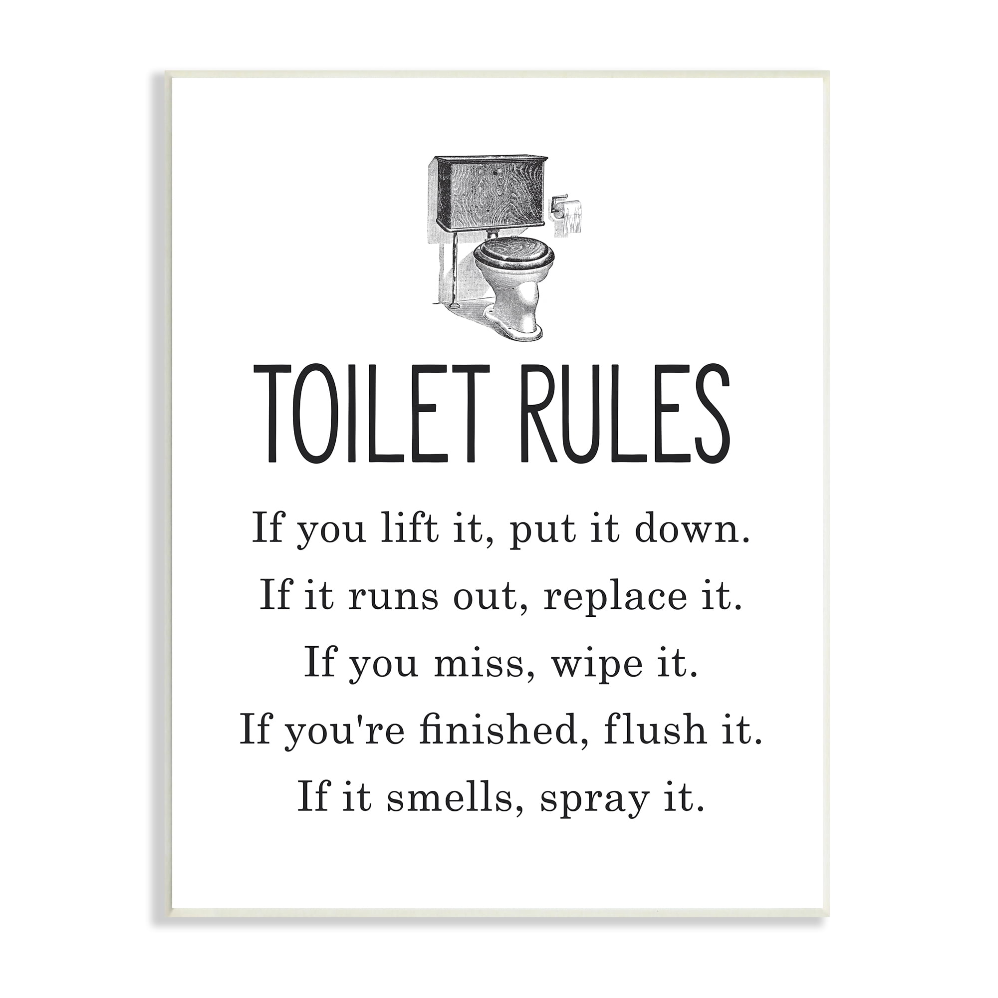 Bathroom Toilet Rules List Vintage Throne Illustration 10 in x 15 in Framed Drawing Art Print, by Stupell Home Décor