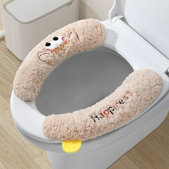 Bathroom Toilet Seat Cover, Cute Toilet Cushion Pads Surface Cover with Hanging Loop, Plush Velvet Toilet Seat Cushion, Fluffy Fake Fur Toilet Cushion Cover, Easy to Use & Wash, Warmer Mat (Coffee)