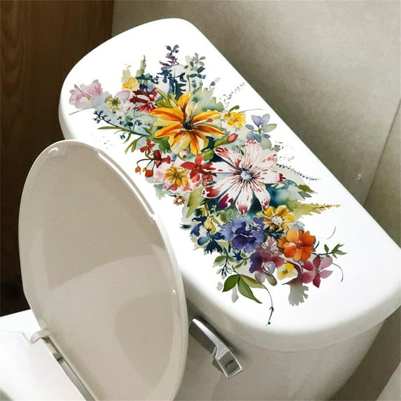 Bathroom Toilet Seat Wall Sticker Self-Adhesive Floral Toilet Lid Decals Removable Watercolor Bouquet Toilets Stickers for Cistern Bathroom WC Restroom Decor