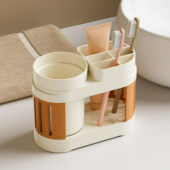Bathroom Toothbrush Holder with Cup, Compact Countertop Organizer for Toothpaste & Brushes, Simple Plastic Tray ,bathroom organizers, toothbrush stand,OR1,1PC,Kitecy