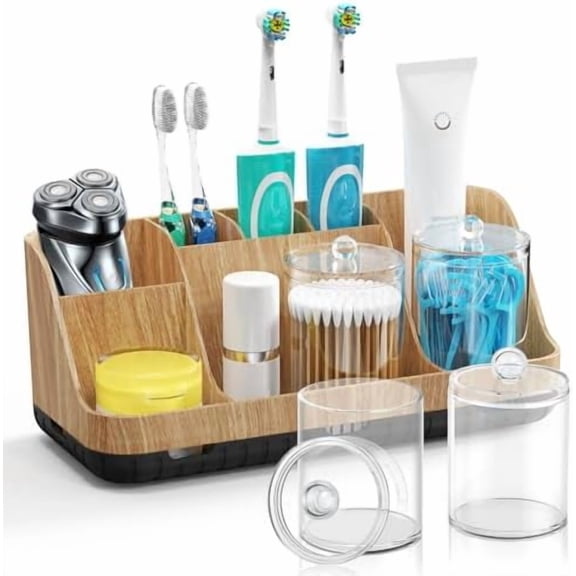 Bathroom Toothbrush Holder Set with 2 Pack Qtip Holder Dispenser - 7 Slots Kids Bathroom Accessory Sets with Drainage, Q Tip Holder for Bathroom Sink Counter Accessories Set