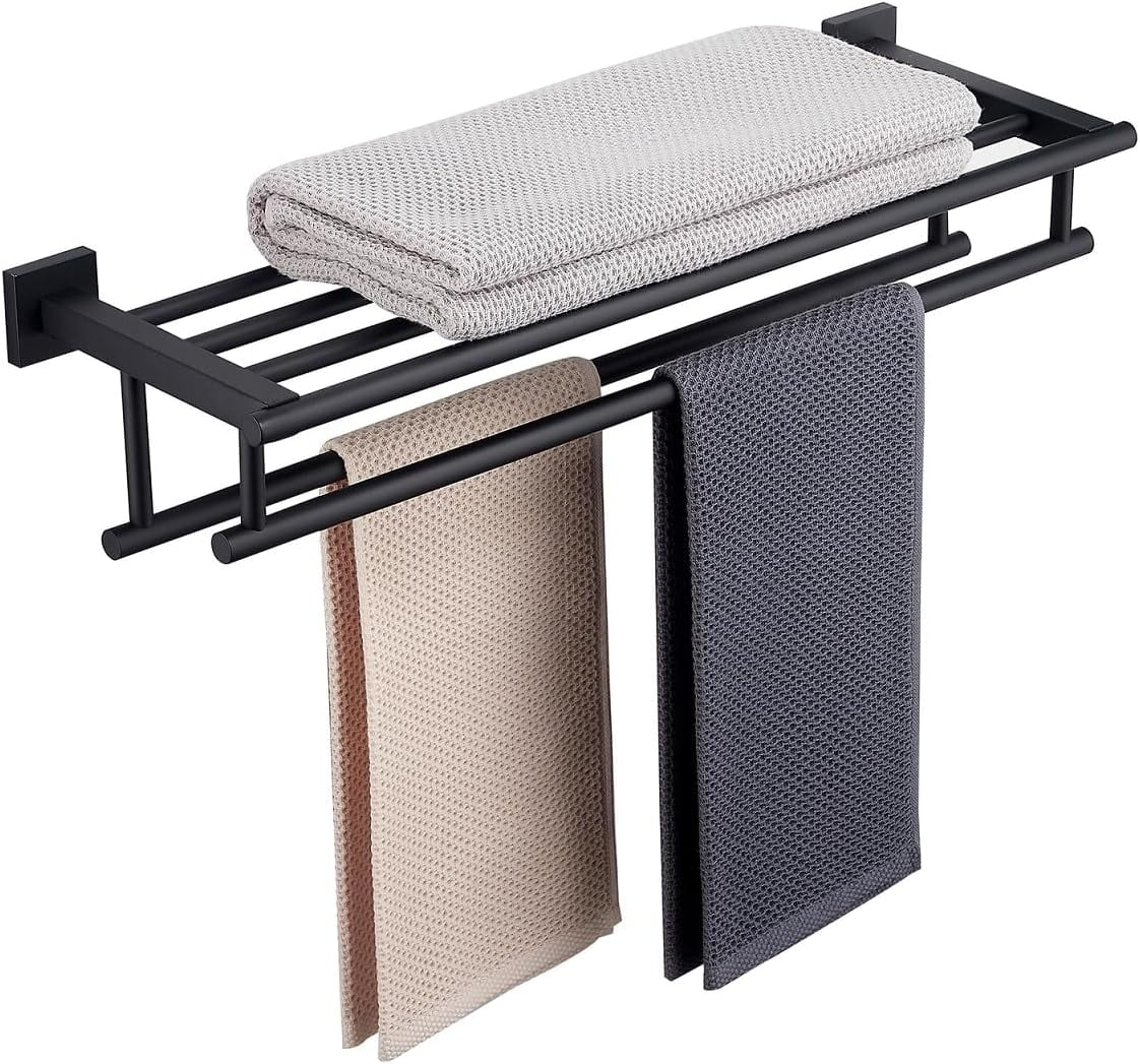 Bathroom Towel Rack 24 Inch Wall Mount Matte Black Shelf with Double ...
