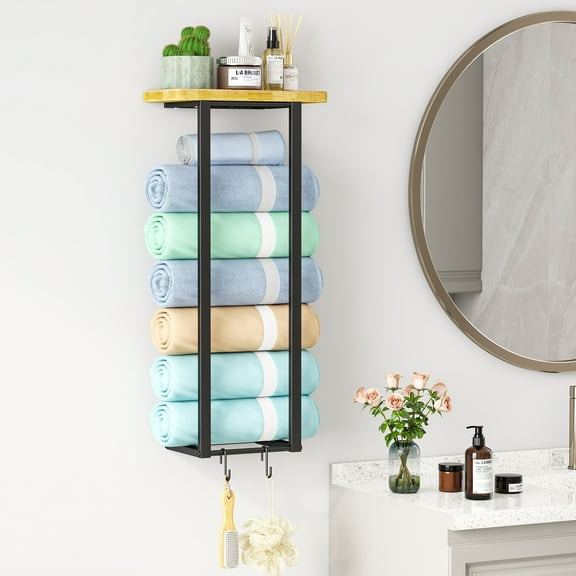 Bathroom Towel Rack, 27 Inch Wall Mounted Towel Rack with Bamboo Towel Holder for Bathroom, 2 Hooks