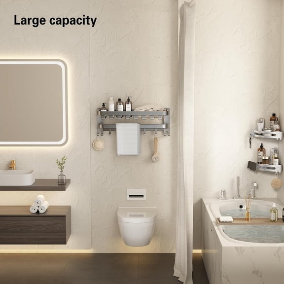 Bathroom Towel Rack with Double Towel Bar Foldable Towel Shelf Wall Mounted Towel Storage with Hooks No Assembly Required 24Inch Matte Grey$$Home Decor, Kitchen, & Other