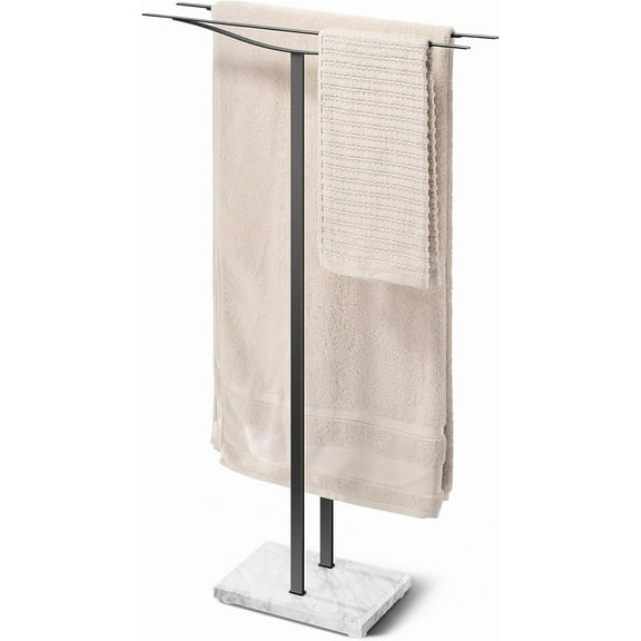 Bathroom Towel Rack Freestanding Floor Stand: Black 36in 2āBar Weighted Marble Base Towel Holder, Rustproof 304 Stainless Steel Drying Rack for Bath&Hand Towels, NoāDrill Slim Organizer, Spa Pool