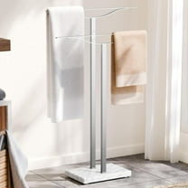 Bathroom Towel Rack Freestanding Floor Stand: Gold 33in 2‑Bar Weighted Marble Base Towel Holder, Rustproof 304 Stainless Steel Drying Rack for Bath&Hand Towels, No‑Drill Slim Organizer, Spa Pool