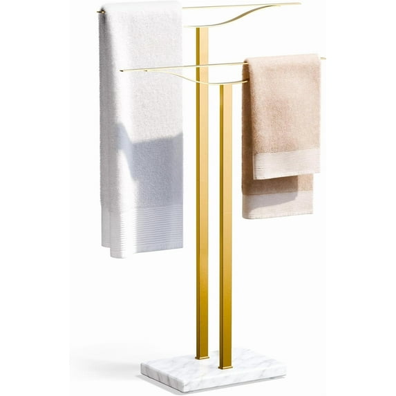 Bathroom Towel Rack Freestanding Floor Stand: Gold 33in 2‑Bar Weighted Marble Base Towel Holder, Rustproof 304 Stainless Steel Drying Rack for Bath&Hand Towels, No‑Drill Slim Organizer, Spa Pool