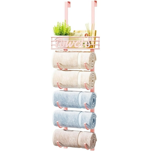 Bathroom Towel Rack Holder - 6-Tier Over The Door & Wall Mount Rolled Towel Storage Organizer with Metal Shelf Basket for Small Bathroom, Camper, Rv - Pink