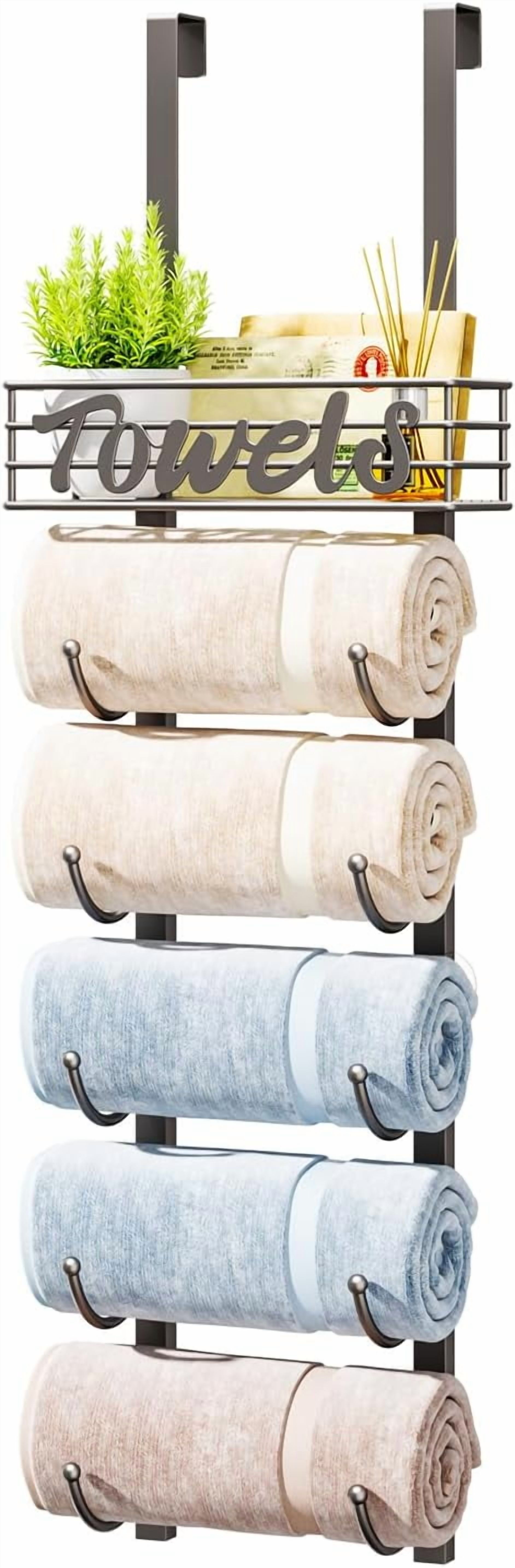 Bathroom Towel Rack Holder - 6-Tier Over The Door & Wall Mount Rolled Towel Storage Organizer with Metal Shelf Basket for Small Bathroom, Camper, Rv - Silver, Patented