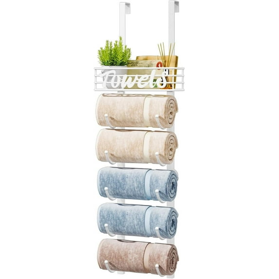 Bathroom Towel Rack Holder - 6-Tier Over The Door & Wall Mount Rolled Towel Storage Organizer with Metal Shelf Basket for Small Bathroom, Camper, Rv - White, Patented