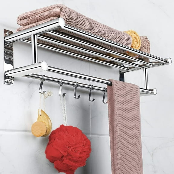 Bathroom Towel Rack Shelves - Stainless Steel Rustproof with Double Towel Bar & 5 Hooks, Shower Room Organizer, Shelf Holder, Bathroom Storage for Towels, Bathrobes, Shower Caddy, Brush