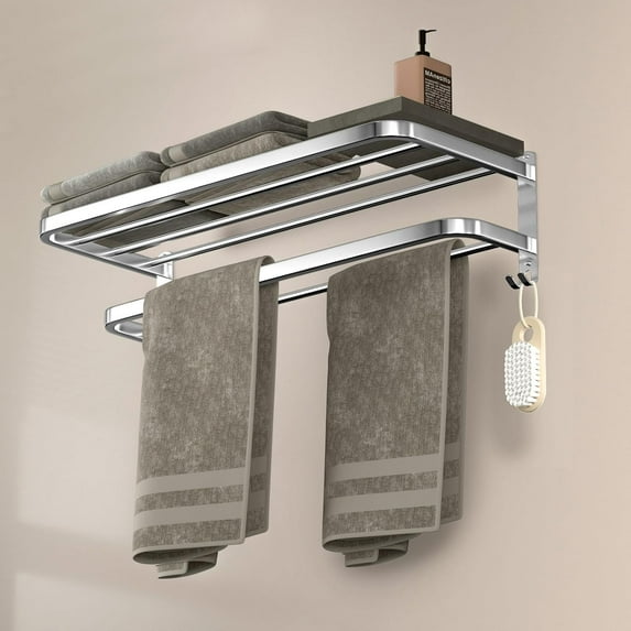 Bathroom Towel Rack Towel Shelf with Double Towel Bars Lavatory Wall Mount Holder with Hooks Stainless Steel Hotel Bath Rack 23 inches