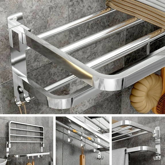 Bathroom Towel Rack Wall Mounted,24" Foldable Towel Shelf with Double Towel Bars for Lavatory SUS304 Stainless Steel Holder with Moveable Hooks Rustproof Bath Rack Hanger for Restroom Sliver