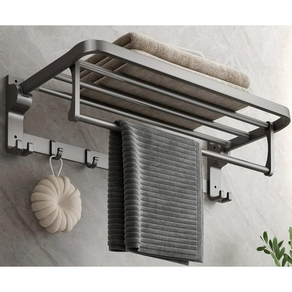 Bathroom Towel Rack with Towel Bar and Hooks 23.6 in Foldable Towel Shelf Wall Mounted Lavatory Towel Organizer Modern Gray Finish
