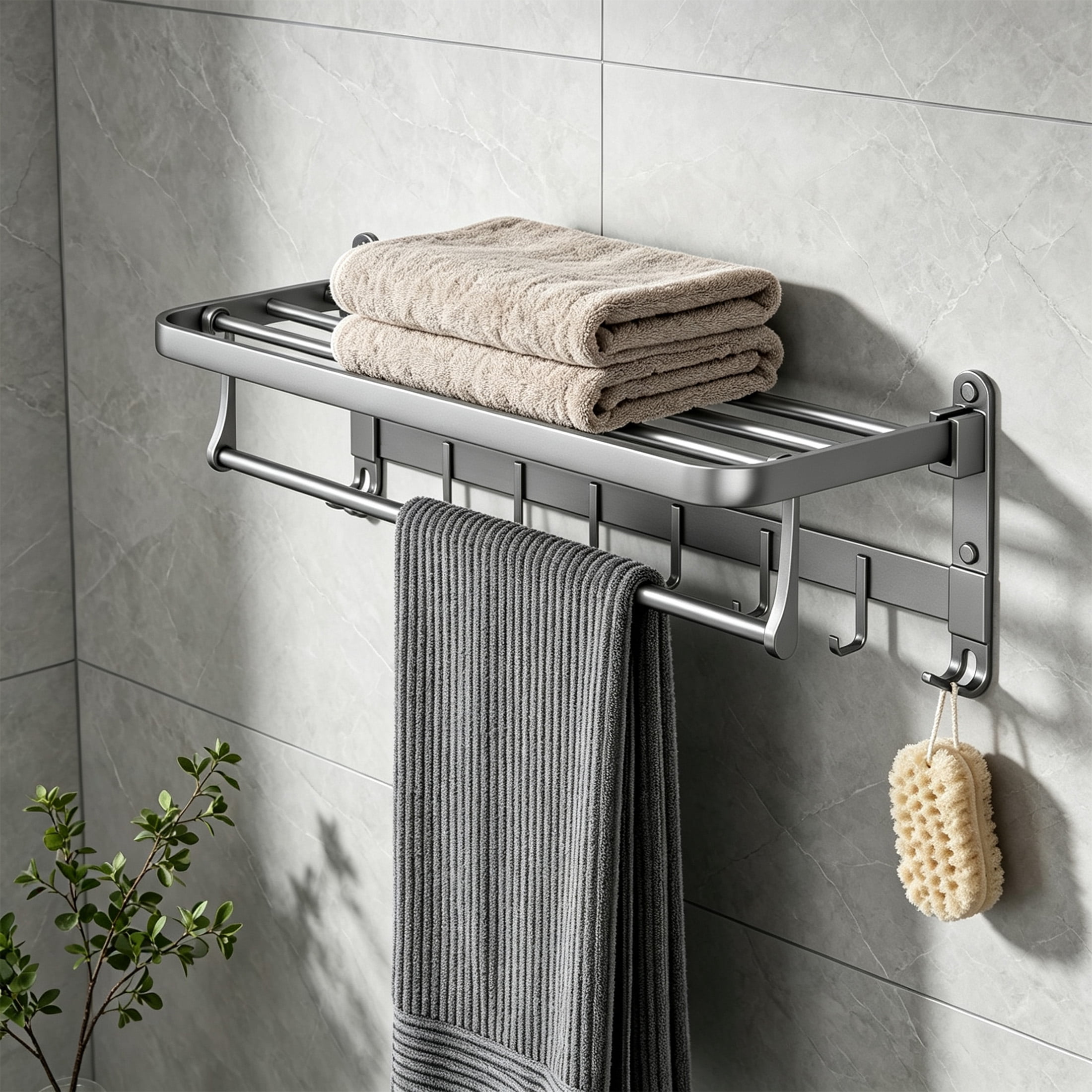 GARITIN Bathroom Towel Rack, 90° Rotatable Aluminum Towel Bar with Shelf & Hooks, Wall Mount Towel Holder for Shower Toilet Hotel
