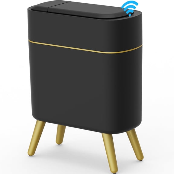 Bathroom Trash Can Automatic Touchless Modern Smart Trash Bin - Narrow Waste Basket for Bedroom, Laundry Room, Office, Plastic - Motion Sensor Garbage Can with Lid - Black with Gold Edge