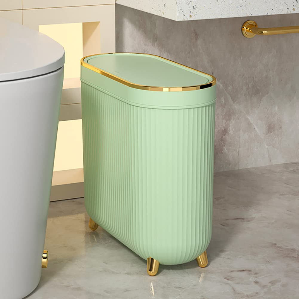 Green Rectangular Plastic Trash Can with Gold Accents