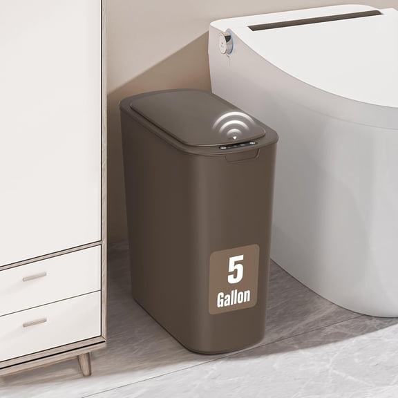 Bathroom Trash Can with Lid, 5 Gallon Motion Sensor Trash Can, Small Automatic Garbage Can, Touchless Smart Plastic Slim Wastebasket for Bedroom, Office, rv, Living Room, Brown