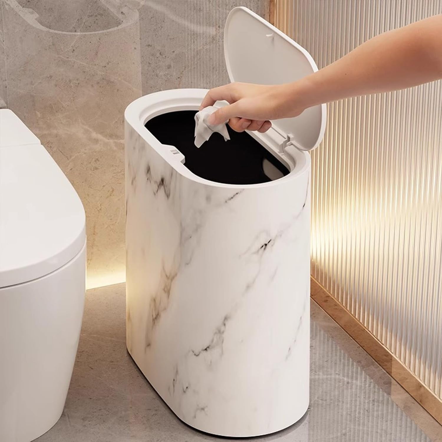 Bathroom Trash Can with Lid, Marble/Wood Grain Plastic Wastebasket ...