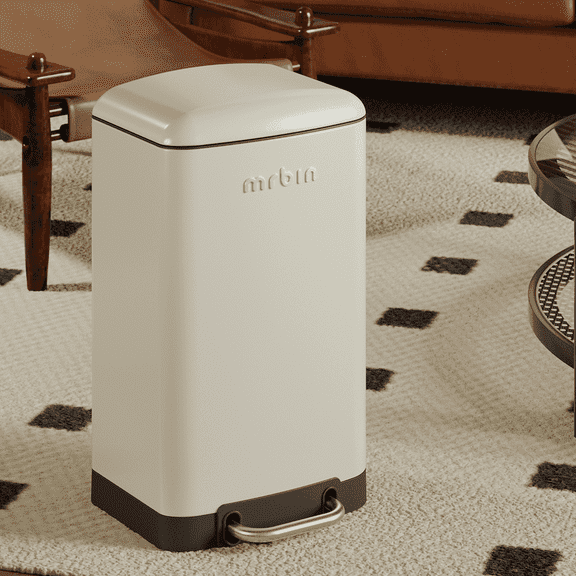 Bathroom Trash Can with Lid, Metal Step Kitchen Waste Basket Touchless Soft Close, 20L / 5.2gal Rectangle Garbage Bucket with Stainless Steel Pedal for Office, Bedroom Accessories, White