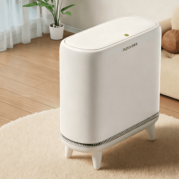 Joybos Bathroom Trash Can with Press Top Lid, High-Leg Plastic Waste Basket, 3.2 Gallon, White