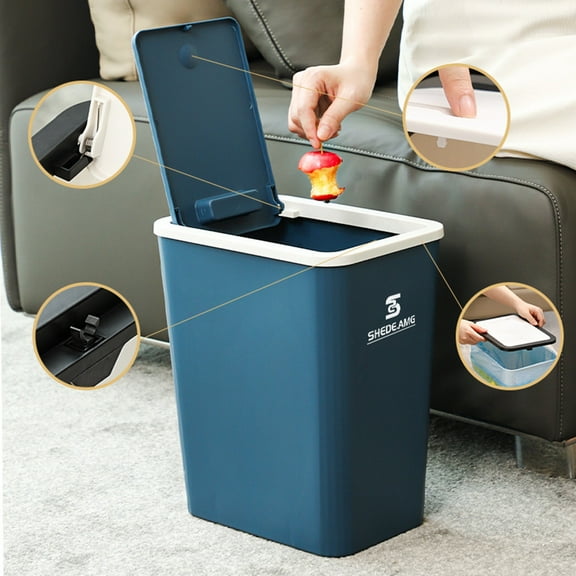 Bathroom Trash Can with Press Lid, Plastic Wastebasket with Popup Cover, Odor Locking Garbage Bin for Toilet Bedroom Office, Space Saving Modern Household Trash Can