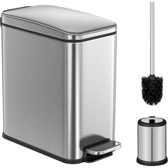 Bathroom Trash Can and Toilet Brush Set, 1.3 Gallon Small Trash Bin with Lid, Slim for Small Spaces, Stainless Steel Garbage Can, Soft Close