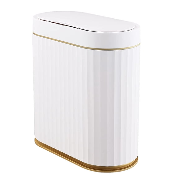 Bathroom Trash Can with lid 2.5 Gallon Waterproof Motion Sensor Wastebasket, Automatic Trash Bin Bathroom Decor for Bedroom and Office White with Golden Trim